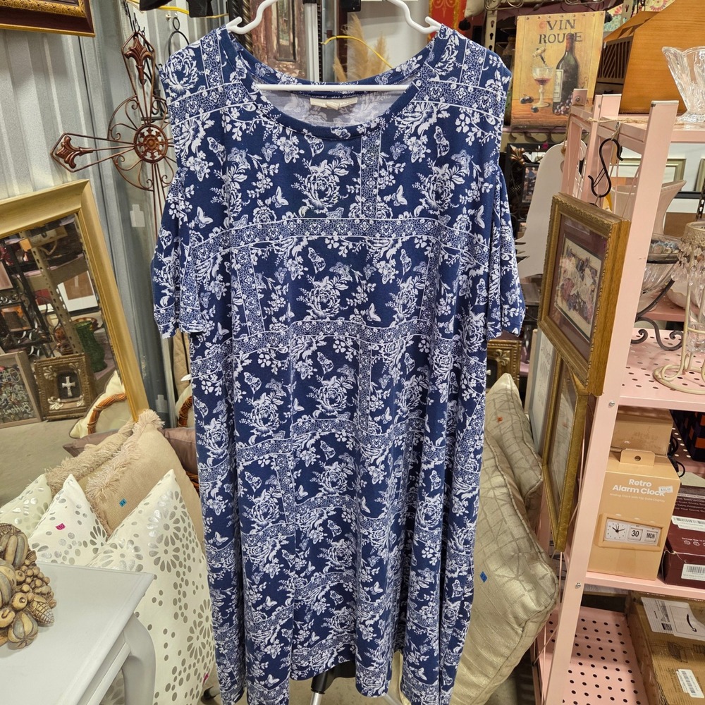 Woman Within Blue Floral Butterfly Cold Shoulder Dress Womens 30/32 3X Plus Size